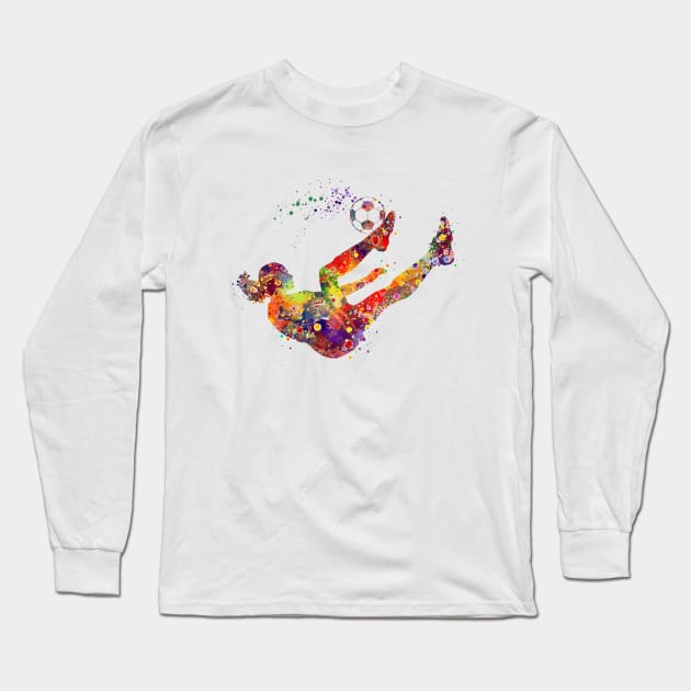 Soccer Girl Bicycle Kick Sports Watercolor Gift Long Sleeve T-Shirt by LotusGifts